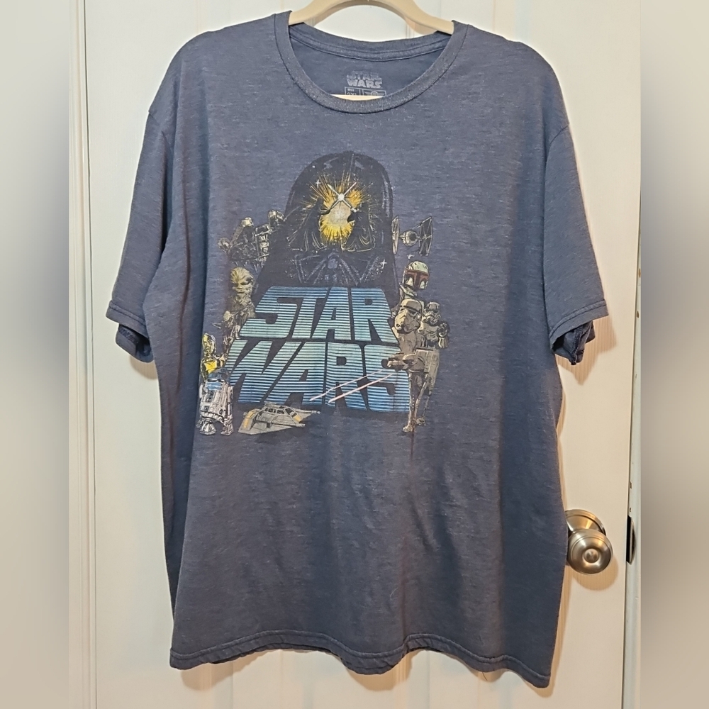 STAR WARS Men's Classic T-shirt Short Sleeve Movie Retro Blue Size 2XL